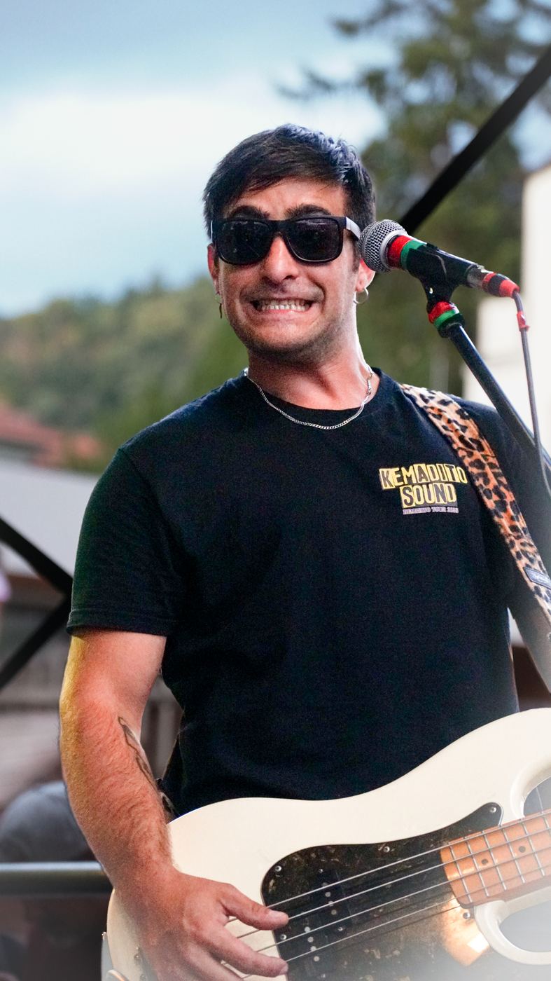 Bassist mit Sonnenbrille auf der Bühne